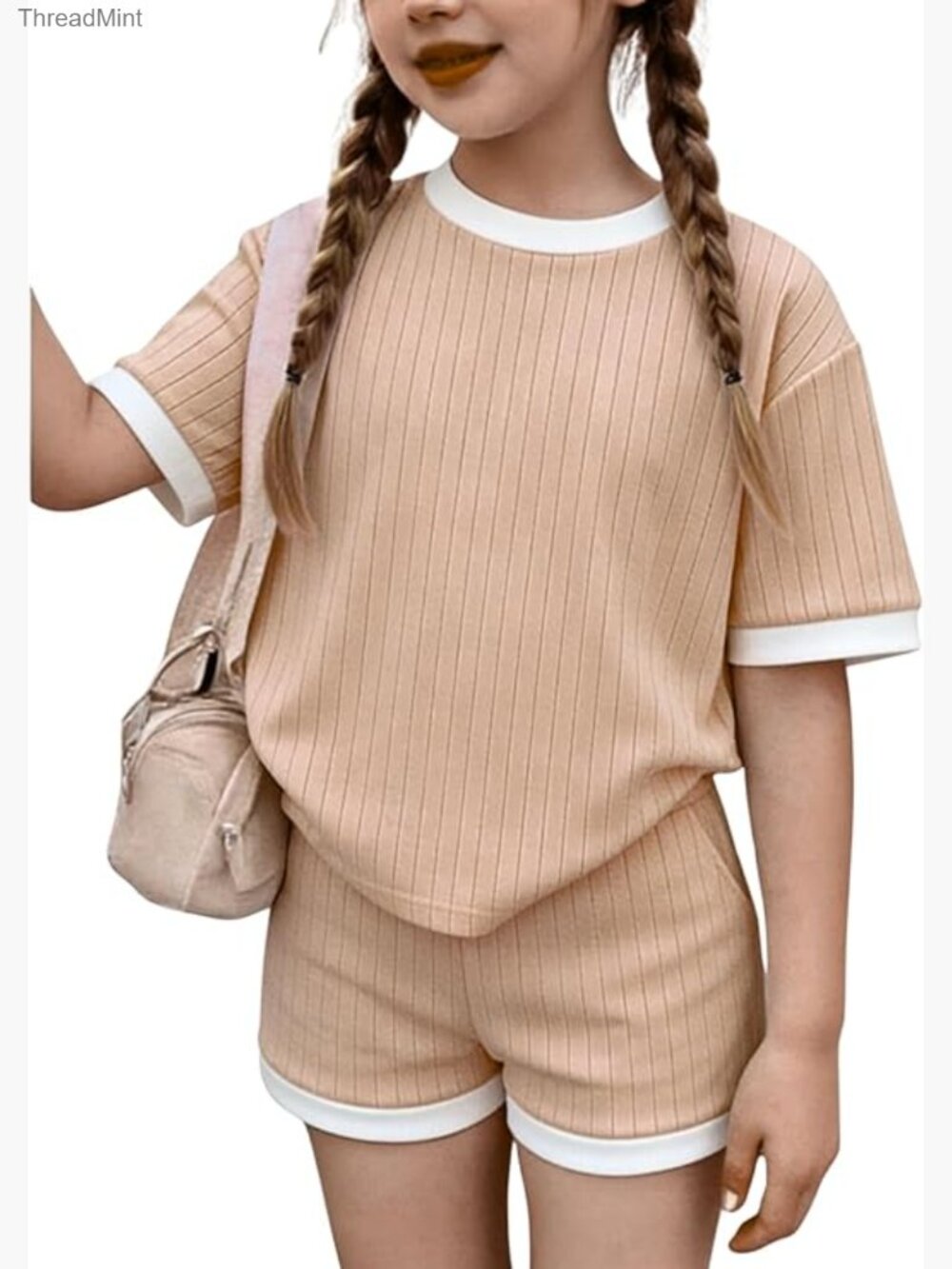 Girls 2Pc Spring Summer Outfit Crew Neck Tee and Shorts Set 6-12 Yrs